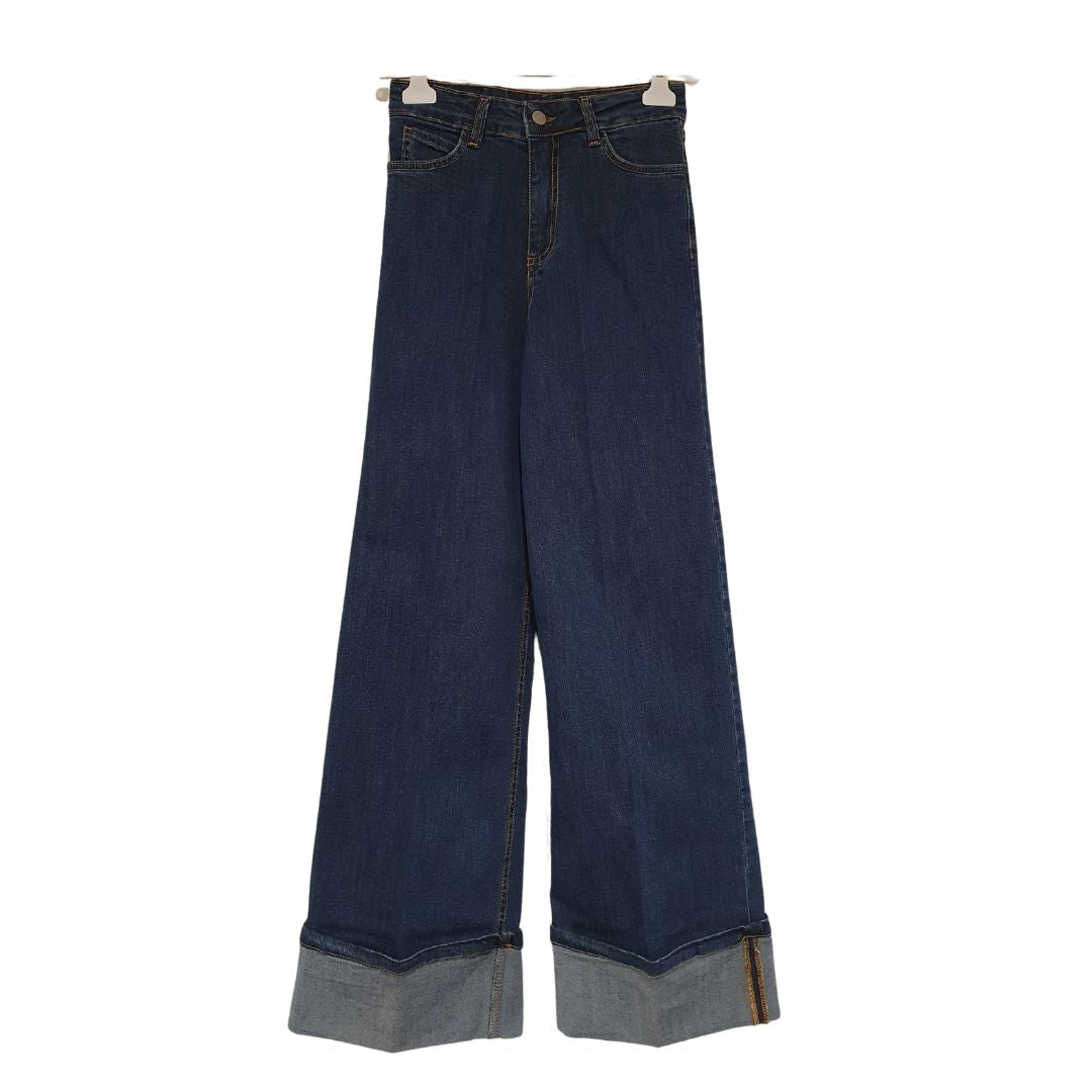 Jeans a vita alta con risvolto Crochè