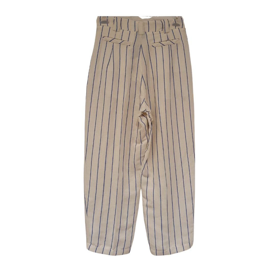 Pantalone in lino rigato azzurro a vita alta