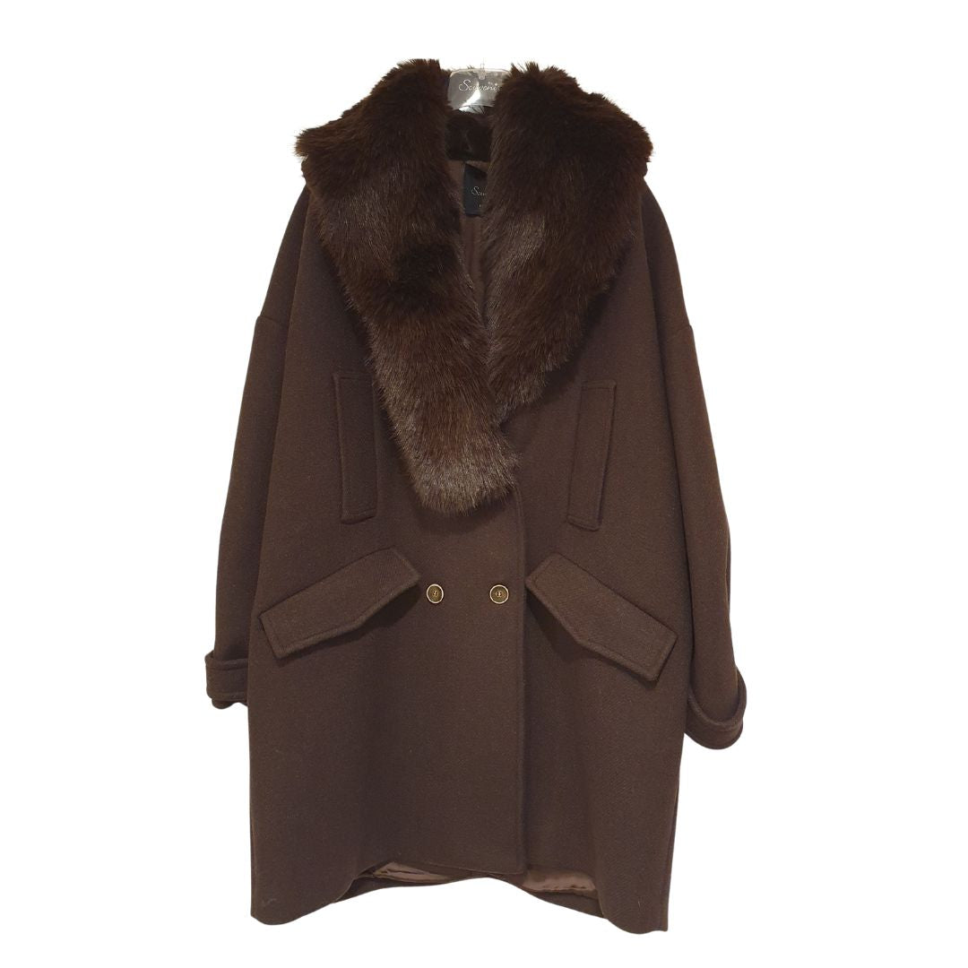 Cappotto doppiopetto moro con collo in ecopelliccia Souvenir