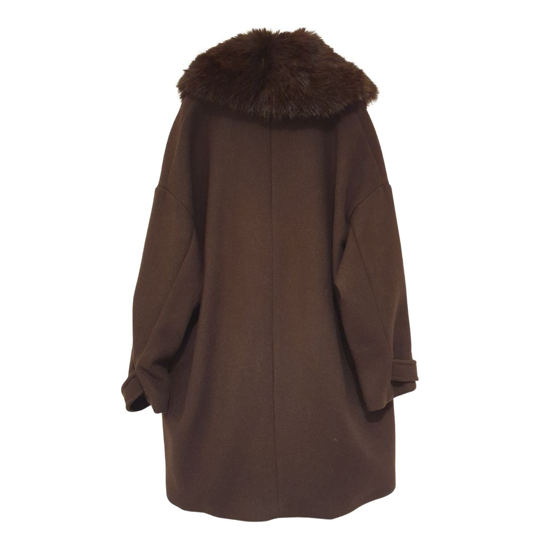 Cappotto doppiopetto moro con collo in ecopelliccia Souvenir