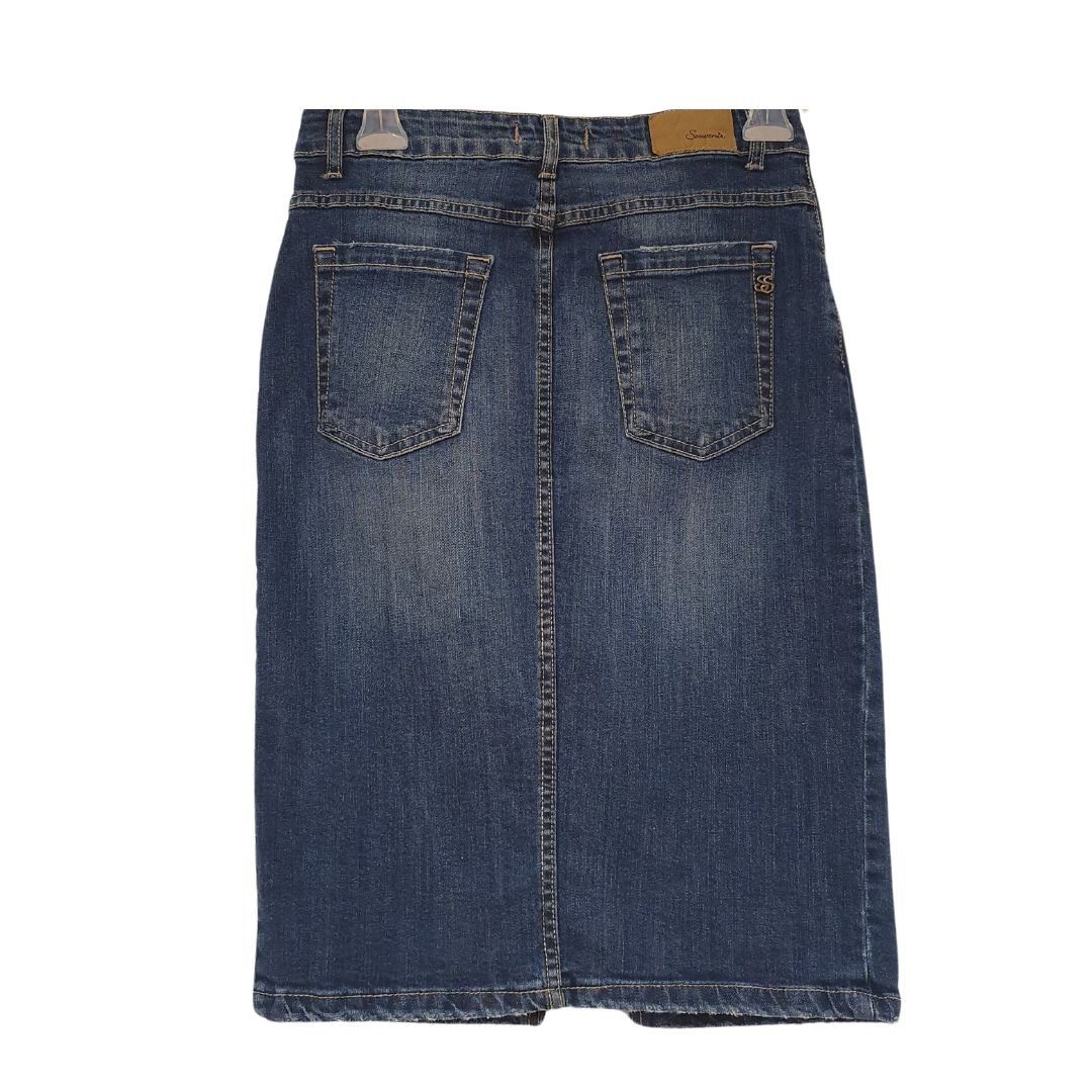 Longuette in denim blu con spacco