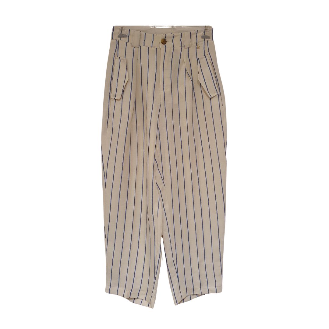 Pantalone in lino rigato azzurro a vita alta